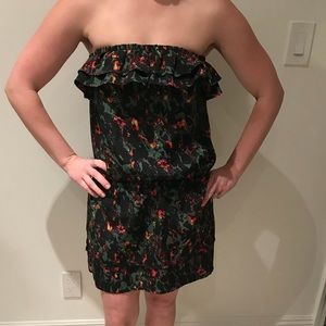 Black ruffle strapless dress with flowers